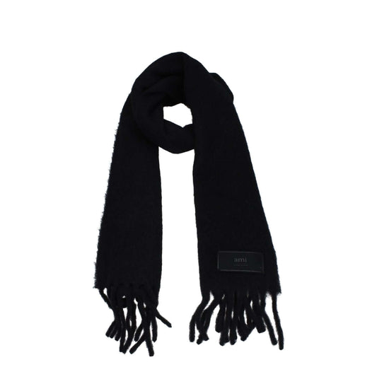 Ami Paris Black Leather Scarf with fringes and side logo, made from alpaca, size 38x200 cm. Casual style, SKU USF417AA00034001.