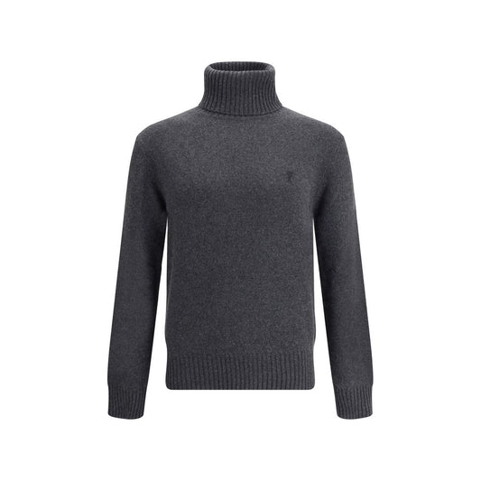 Ami Paris Gray Cashmere Turtleneck sweater with ribbed hem and cuffs, featuring the iconic logo on front for a stylish and comfortable autumn look.