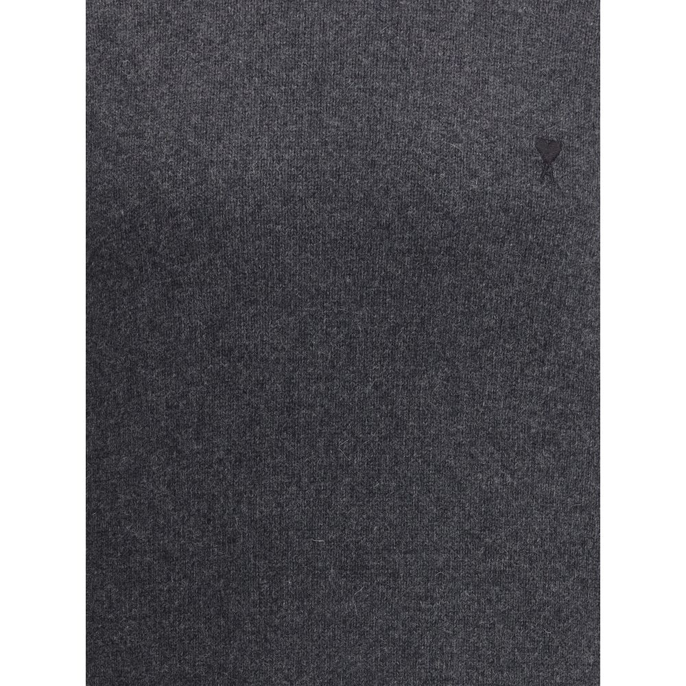 Ami Paris Gray Cashmere Turtleneck with logo and ribbed details.