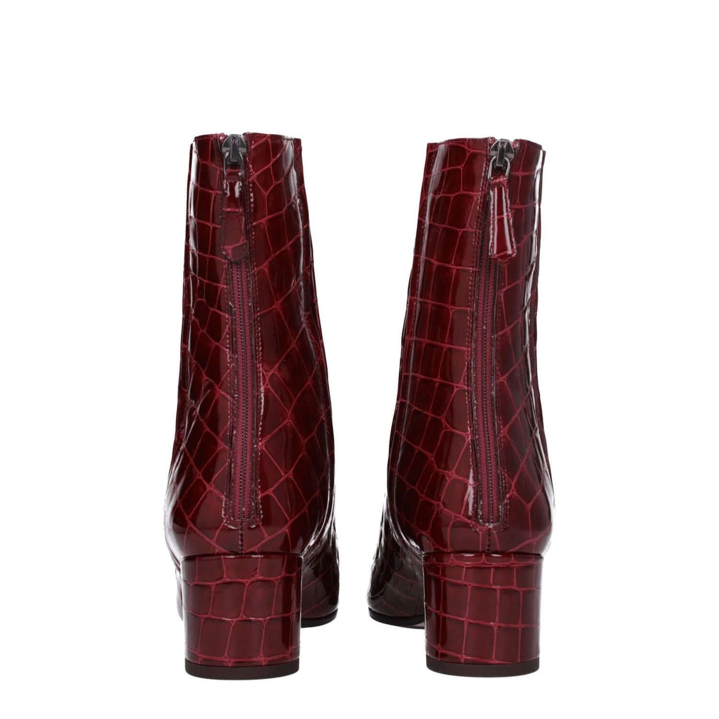 Back view of Aquazzura Red Leather Ankle Boots with crocodile print, featuring a square toe and mid heels.
