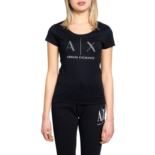 Woman wearing Armani Exchange Black Cotton T-Shirt with logo, ideal for casual-chic elegance.