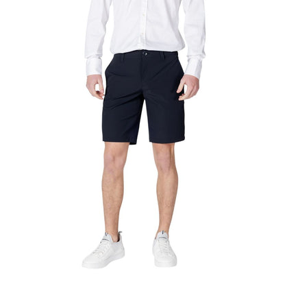 Armani Exchange Blue Polyamide Bermuda Shorts on male model with white shirt and sneakers