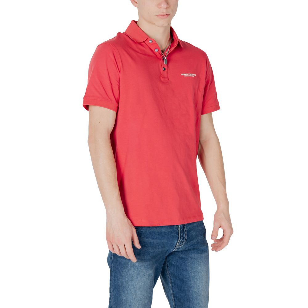 Armani Exchange Red Cotton Polo Shirt on male model, short-sleeved with discreet chest logo and buttoned collar