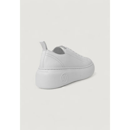 Armani Exchange White Leather Platform Sneakers with thick sole, highlighting elegant design and comfort
