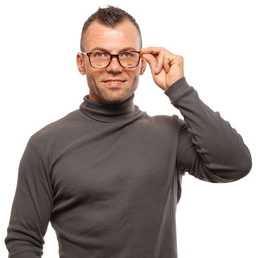 Man wearing BMW Brown Men Optical Frames with full-rim trapezium style and multicolor metal & plastic frame.