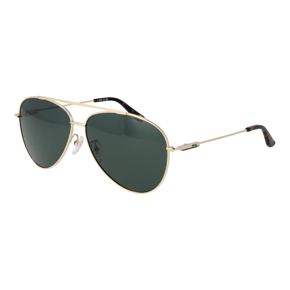 BMW Gold Men Sunglass with gold metal full-rim frame and green plastic lenses, aviator style, 100% UVA & UVB protection included.