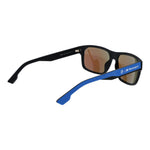 BMW Motorsport Black Men Sunglass with full-rim black plastic frame, blue mirrored lenses, and branded case for men.