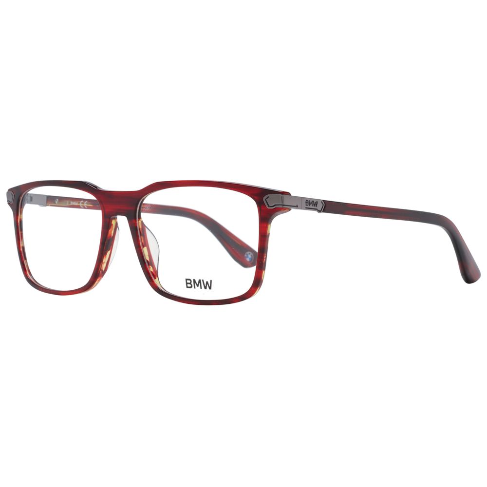 BMW Red Men Glasses Frame, full-rim plastic rectangle in red, size 55-16-145, includes branded case, demo lenses.