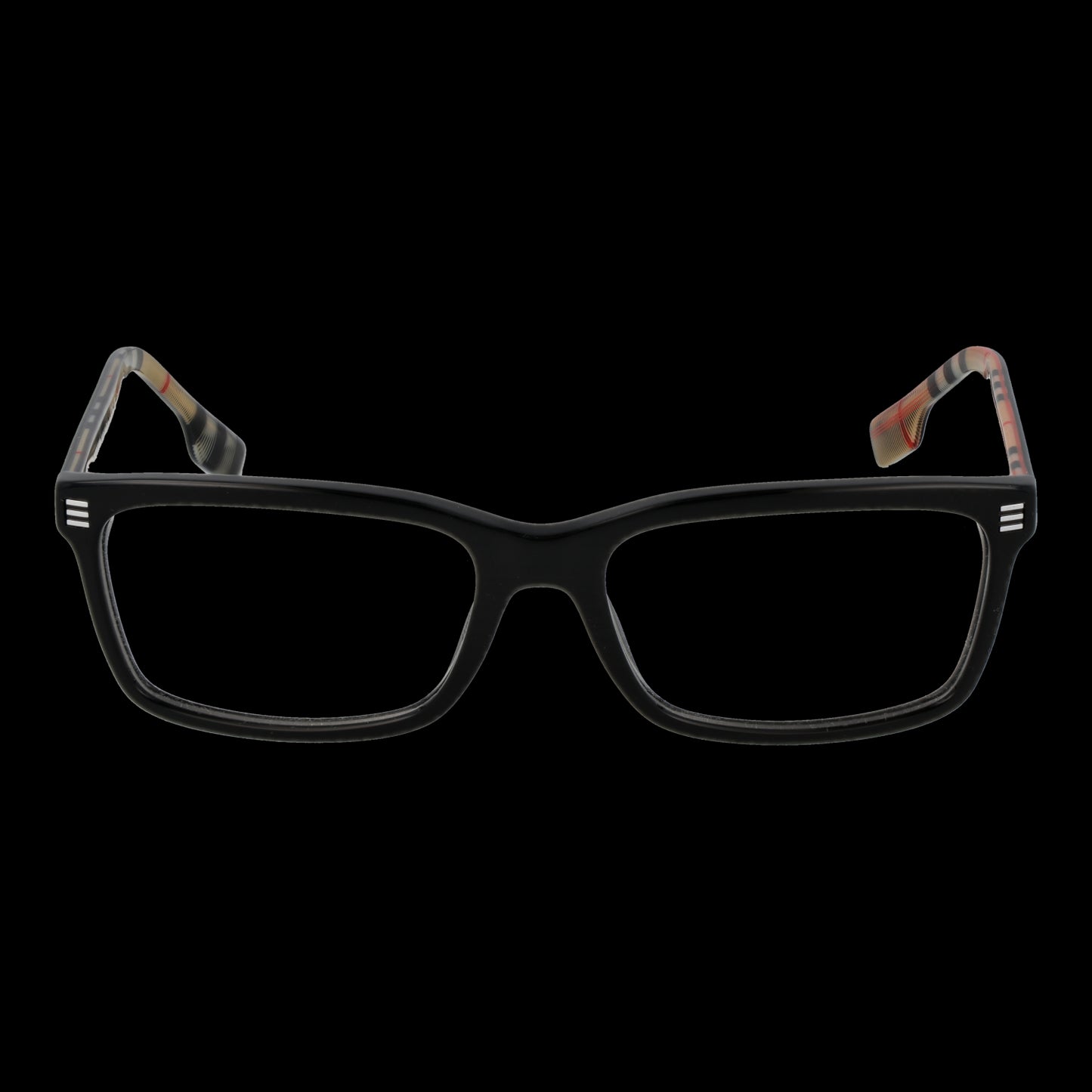 Black eyeglass frames, BURBERRY MOD. 0BE2352 563773, unisex design, front view against a black background.