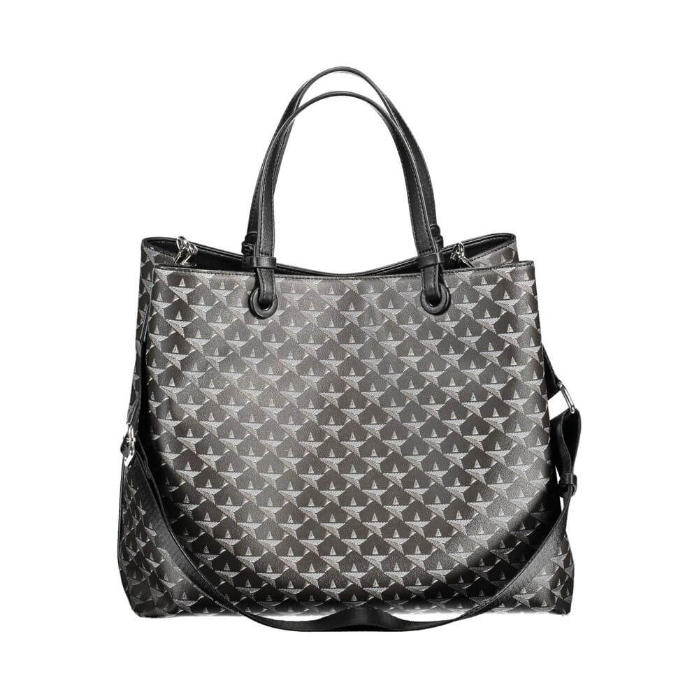 BYBLOS Black Pvc Handbag with adjustable straps and multiple compartments, featuring zip closure and logo design.