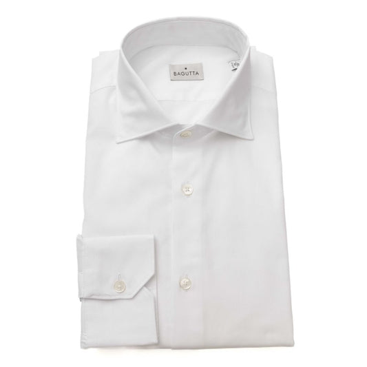 Men's Button-Up Bagutta White Cotton Top, Long Sleeves, Solid Color Shirt