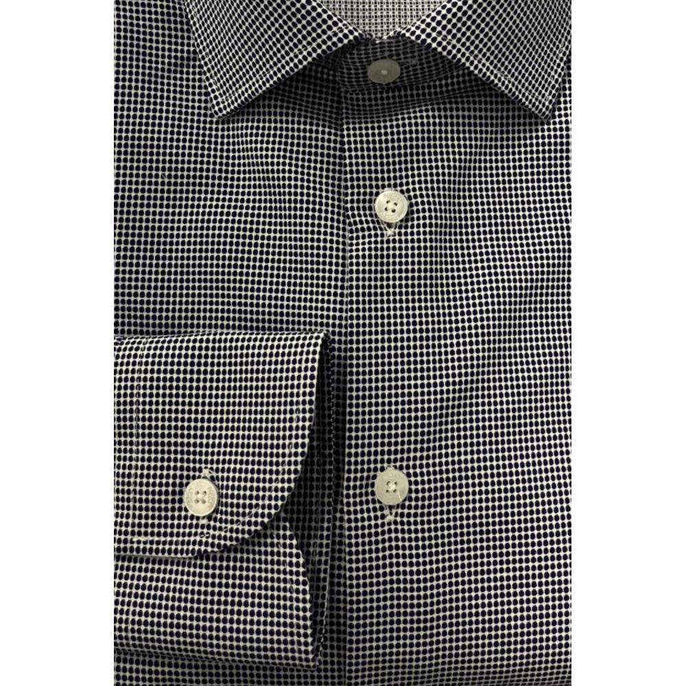 Baldinini Trend Blue Cotton Men Shirt with fine checkered pattern, tailored fit and buttoned cuffs for a sharp, stylish look.