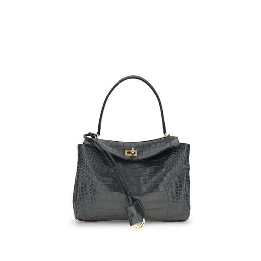 Balenciaga Black Calf Leather Bos Taurus Shoulder Bag in crocodile-effect with gold hardware and embossed logo.