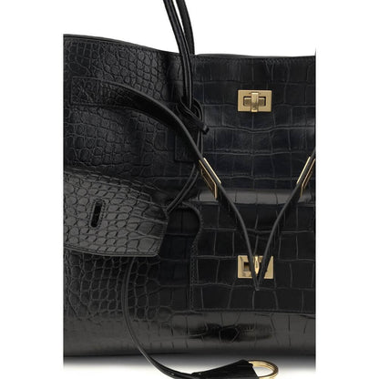 Close-up of Balenciaga Black Calf Leather Bos Taurus Shoulder Bag with gold hardware and crocodile-effect texture.