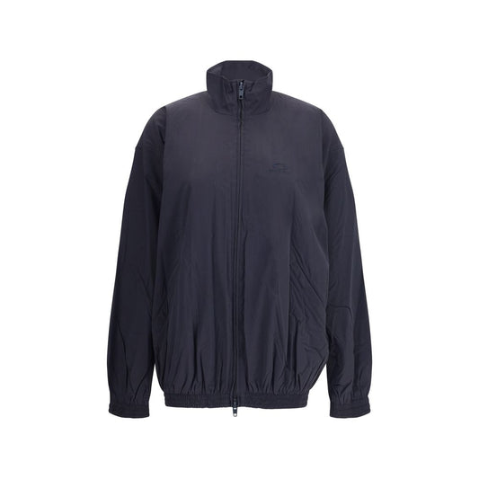 Balenciaga Blue Polyester Clothing waterproof jacket with high collar, elastic hem, and cuffs, featuring double-slider zipper and front welt pockets.