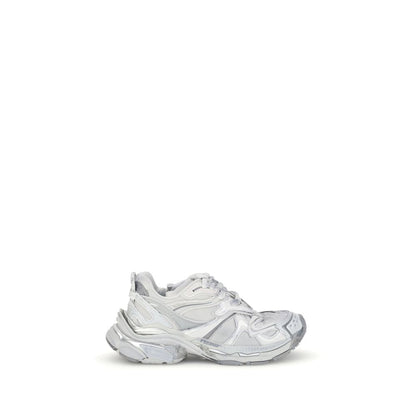 Balenciaga Silver Rubber Athletic Sneakers with grunge aesthetic and logo details.