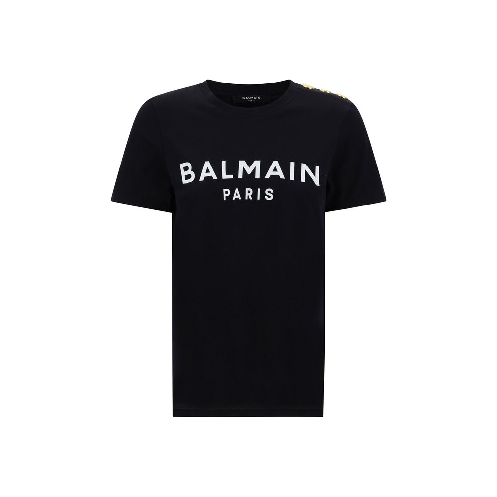 Balmain Black Cotton T-Shirt with iconic monogram and embossed buttons, featuring a ribbed crew neck for everyday comfort.