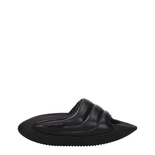Balmain Black Leather Slippers featuring side logo, open toe design, rubber sole, and 4 cm mid heels for casual style.
