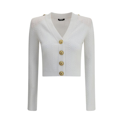 Balmain White Viscose Cardigan with ribbed texture, V-neckline, structured shoulders, and embossed buttons front view.