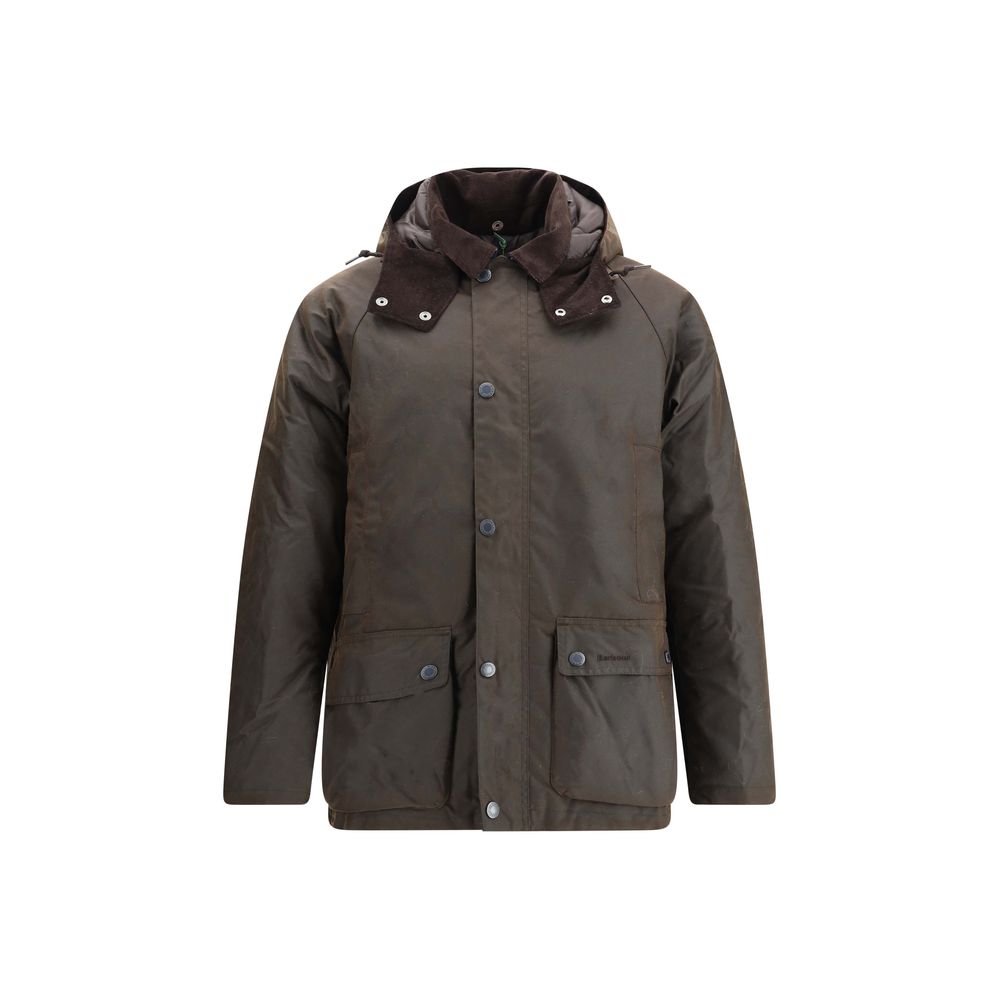 Barbour Brown Cotton Rain Coat with corduroy collar and adjustable hood, front zipper, snap closure, and multiple pockets.