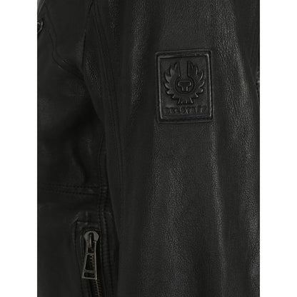 Detail of Belstaff Black Leather Jacket with embossed logo patch on sleeve and sleeve zipper.