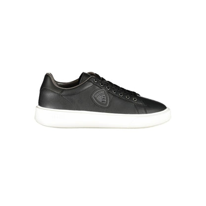 Blauer Black Leather Men Sneaker with contrasting details and iconic branding, side view of sleek fashion-forward sports shoe.