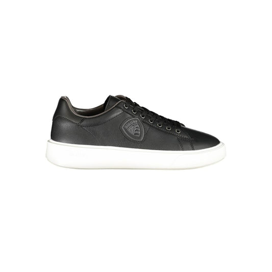 Blauer Black Leather Men Sneaker with contrasting details and iconic branding, side view of sleek fashion-forward sports shoe.
