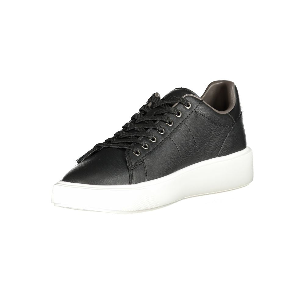 Sleek Blauer Black Leather Men Sneaker with iconic branding and contrasting details on white sole.