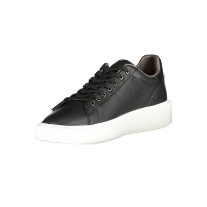 Sleek Blauer Black Leather Men Sneaker with iconic branding and contrasting details on white sole.