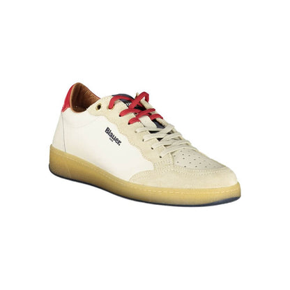 Blauer White Leather Men Sneaker with red accents and double lace-up closure for athletic and street-style fusion.