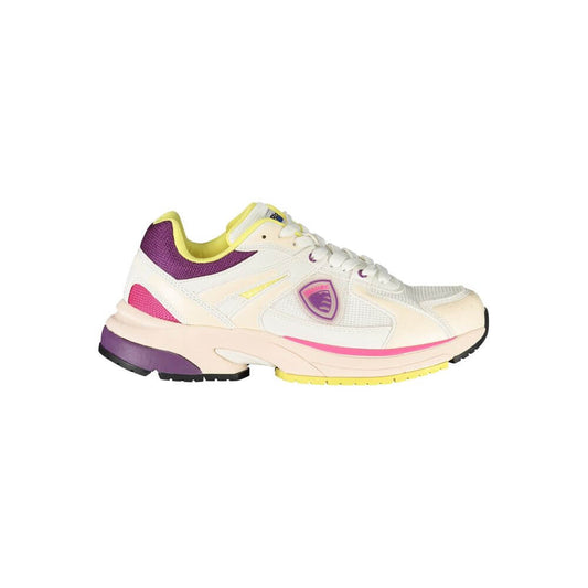 Blauer White Polyester Women Sneaker with vibrant purple, pink, and yellow accents, featuring a removable insole and distinctive logo print.