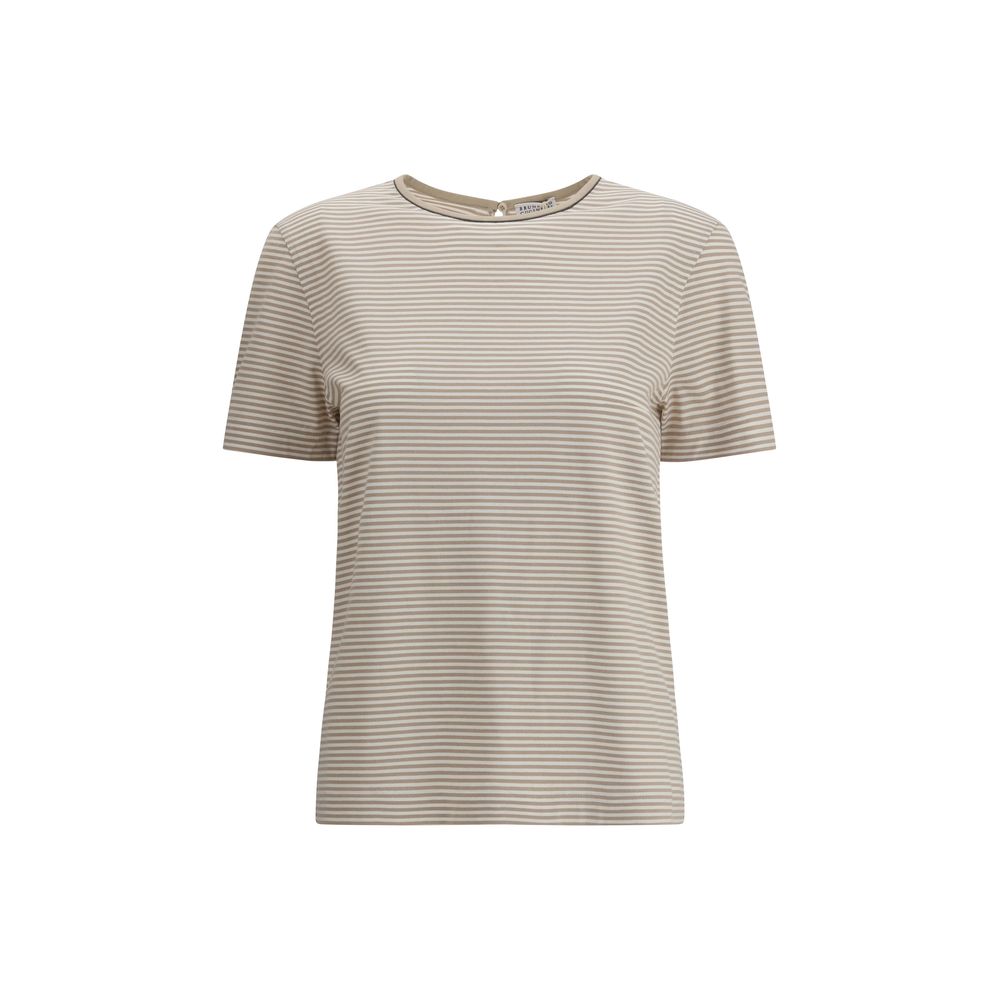 Brunello Cucinelli Beige Cotton T-Shirt with crew neck and striped design, featuring back buttoned drop opening, 100% cotton.