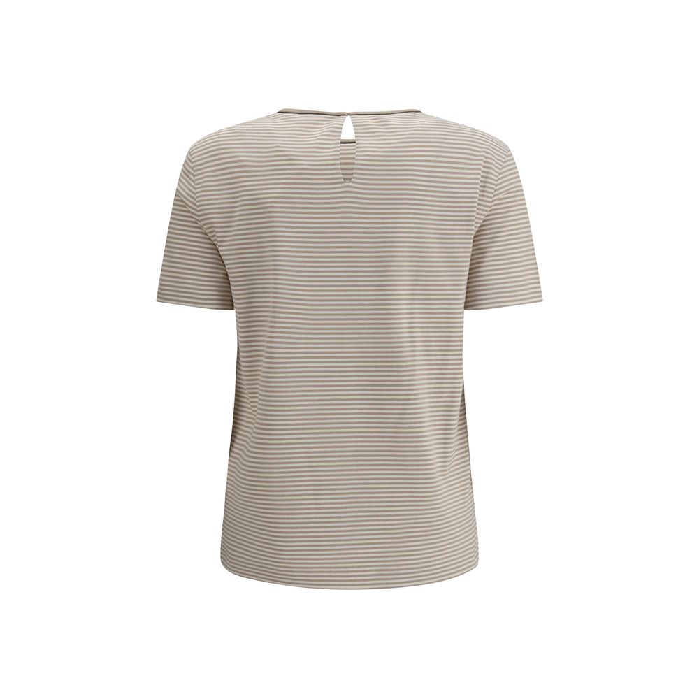 Back view of Brunello Cucinelli Beige Cotton T-Shirt with stripes and a buttoned drop opening at the neck.
