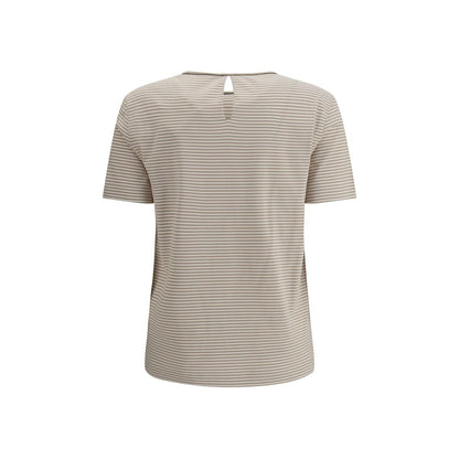 Back view of Brunello Cucinelli Beige Cotton T-Shirt with stripes and a buttoned drop opening at the neck.