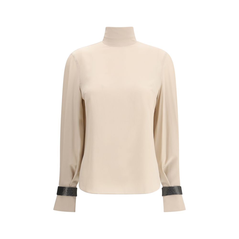 Brunello Cucinelli Beige Silk Blouse with turtleneck, long sleeves, and delicate jewel decoration for elegant womenswear fashion.