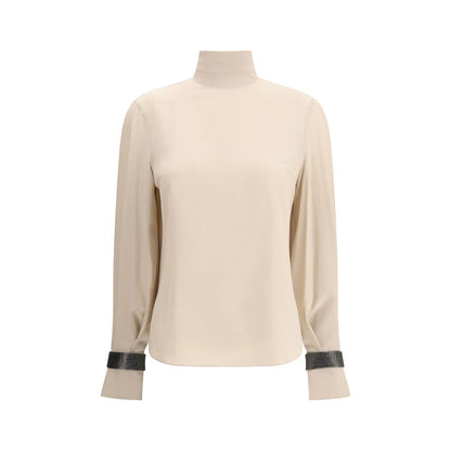 Brunello Cucinelli Beige Silk Blouse with turtleneck, long sleeves, and delicate jewel decoration for elegant womenswear fashion.