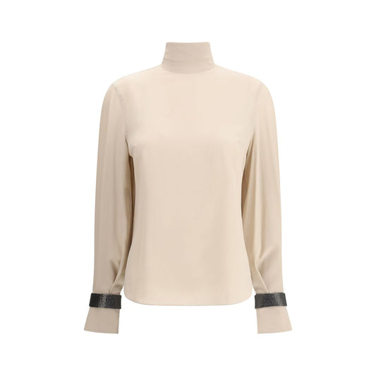 Brunello Cucinelli Beige Silk Blouse with turtleneck, long sleeves, and delicate jewel decoration for elegant womenswear fashion.