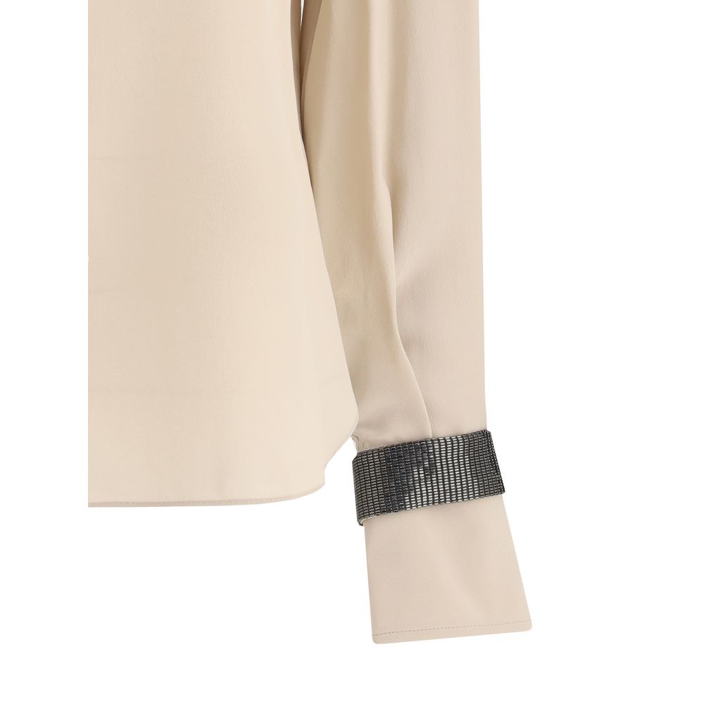 Brunello Cucinelli Beige Silk Blouse with removable jewel decoration and fluid lightweight fabric