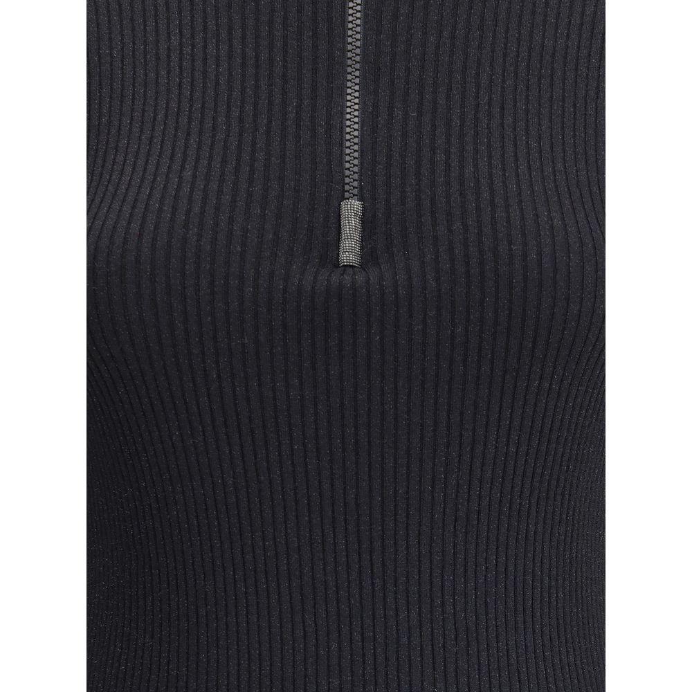 Close-up of Brunello Cucinelli Black Cashmere Sweatshirt with ribbed knit and glitter detail, featuring a front zipper.