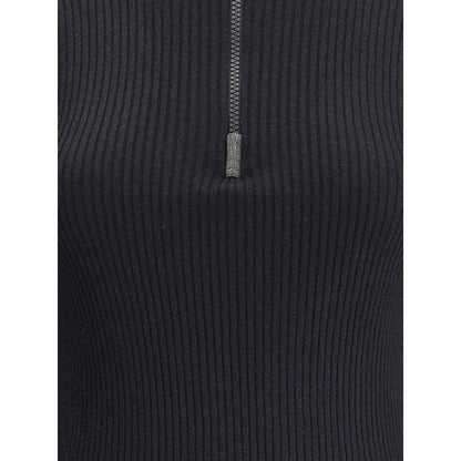 Close-up of Brunello Cucinelli Black Cashmere Sweatshirt with ribbed knit and glitter detail, featuring a front zipper.