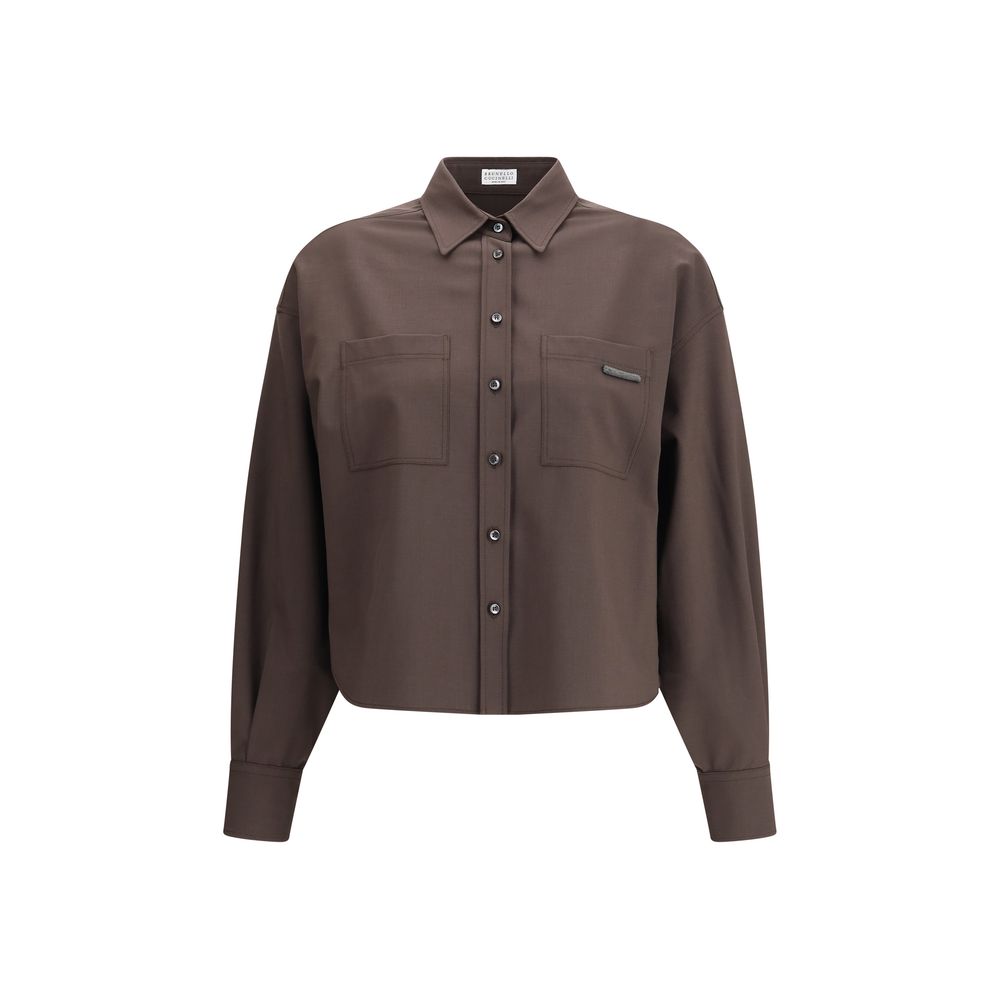 Brunello Cucinelli Brown Fleece Wool Shirt with classic collar and patch pockets with jewels, featuring an elegant and modern design.