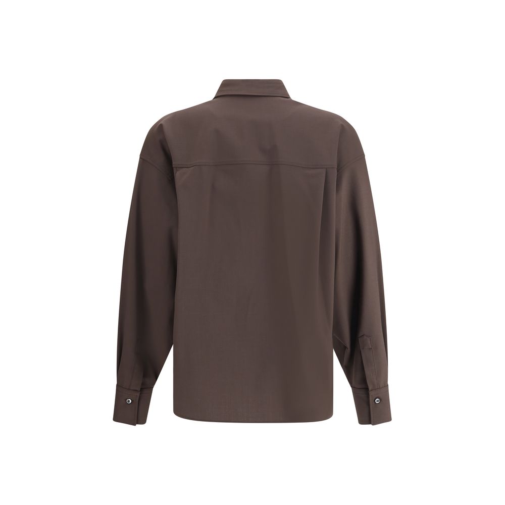 Back view of Brunello Cucinelli Brown Fleece Wool Shirt with elegant design, featuring classic collar and patch pockets.