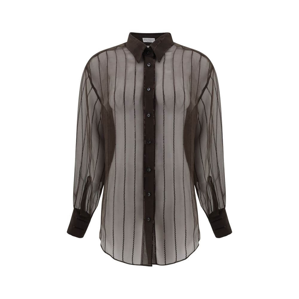 Brunello Cucinelli Brown Silk Blouse with sequins, semi-transparent design, classic collar, and button closure, perfect for sophistication.