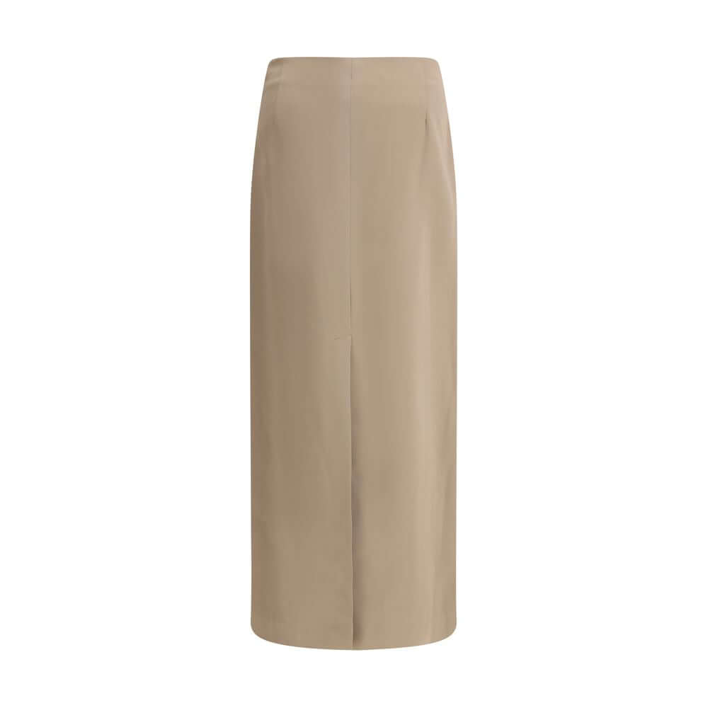 Brunello Cucinelli Gray Acetate Midi Skirt with elegant satin finish, back slit, and fluid design for sophisticated autumn-winter looks.