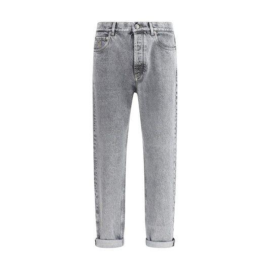 Brunello Cucinelli Gray Cotton Straight-Leg Jeans with front and back pockets, metal button, high-waisted fit, 100% cotton.