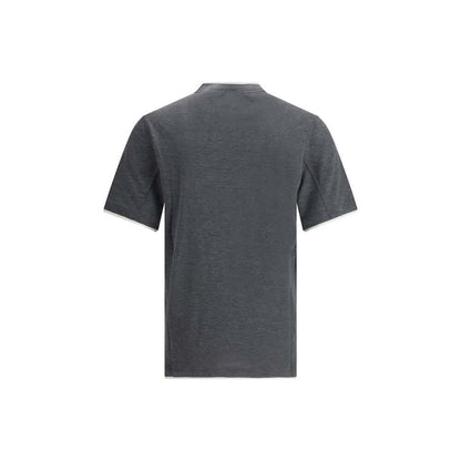 Back view of Brunello Cucinelli Gray Cotton T-Shirt with elegant two-tone hems and contemporary design.
