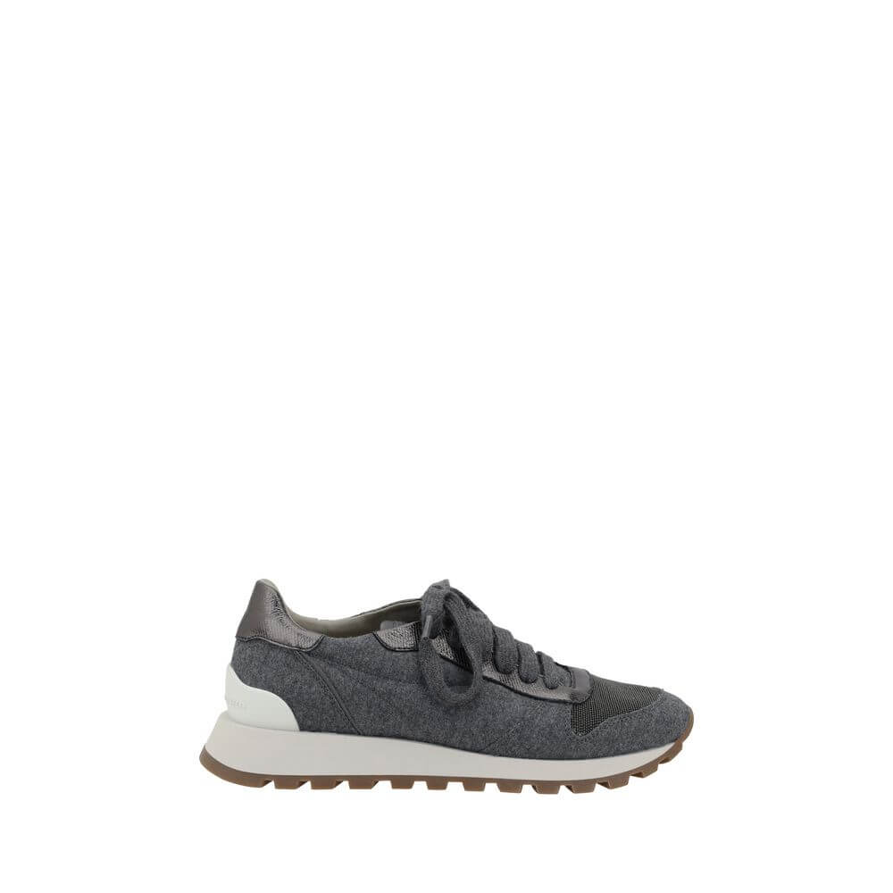 Brunello Cucinelli Gray Fleece Wool Sneakers with mélange fabric, lace-up closure, round toe, knurled sole, and shiny bead detail.