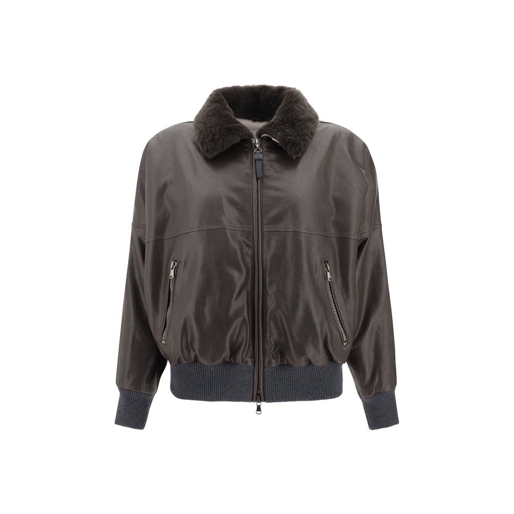 Brunello Cucinelli Leather Jacket with classic collar, front button closure, and two patch pockets, perfect for timeless elegance and style.