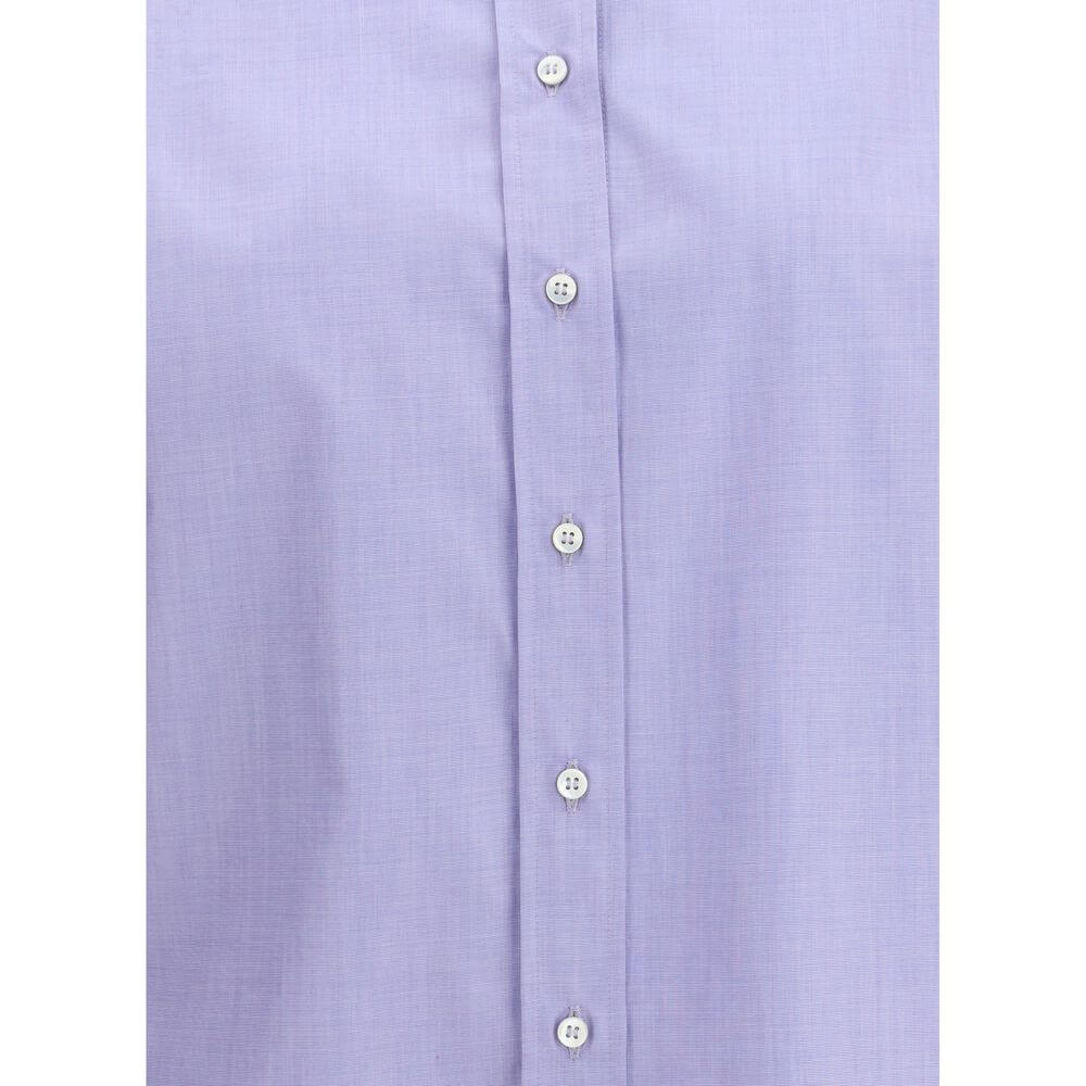 Brunello Cucinelli Light Blue Cotton Dress Shirt with jewel-embellished collar and asymmetrical hem