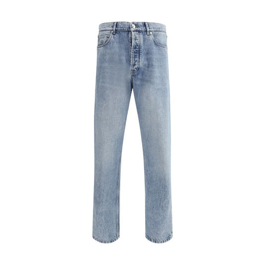 Brunello Cucinelli Light Blue Cotton Straight-Leg Jeans with five-pocket style and front button closure.